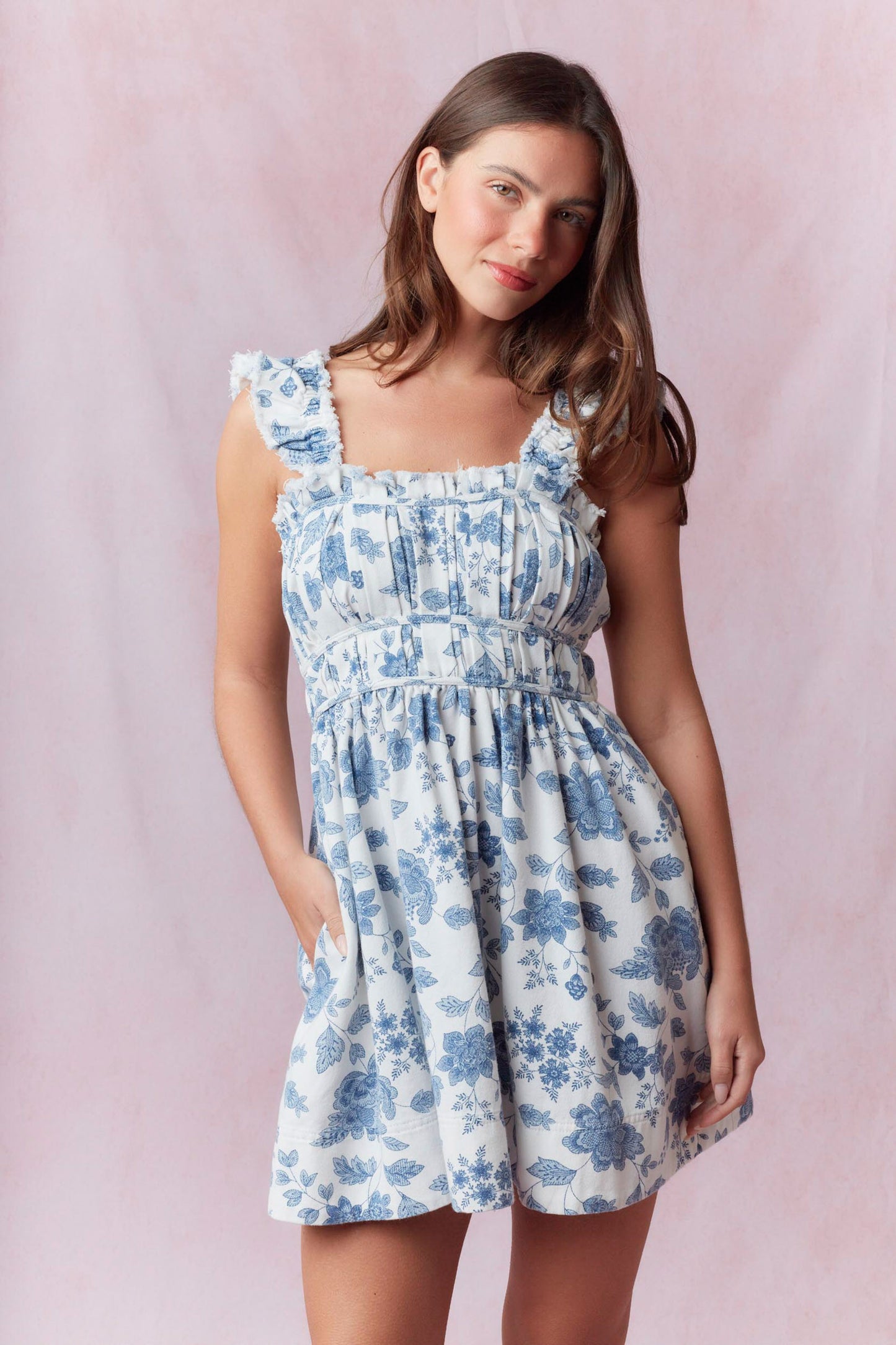 Cousins Beach Rose Print Denim Dress