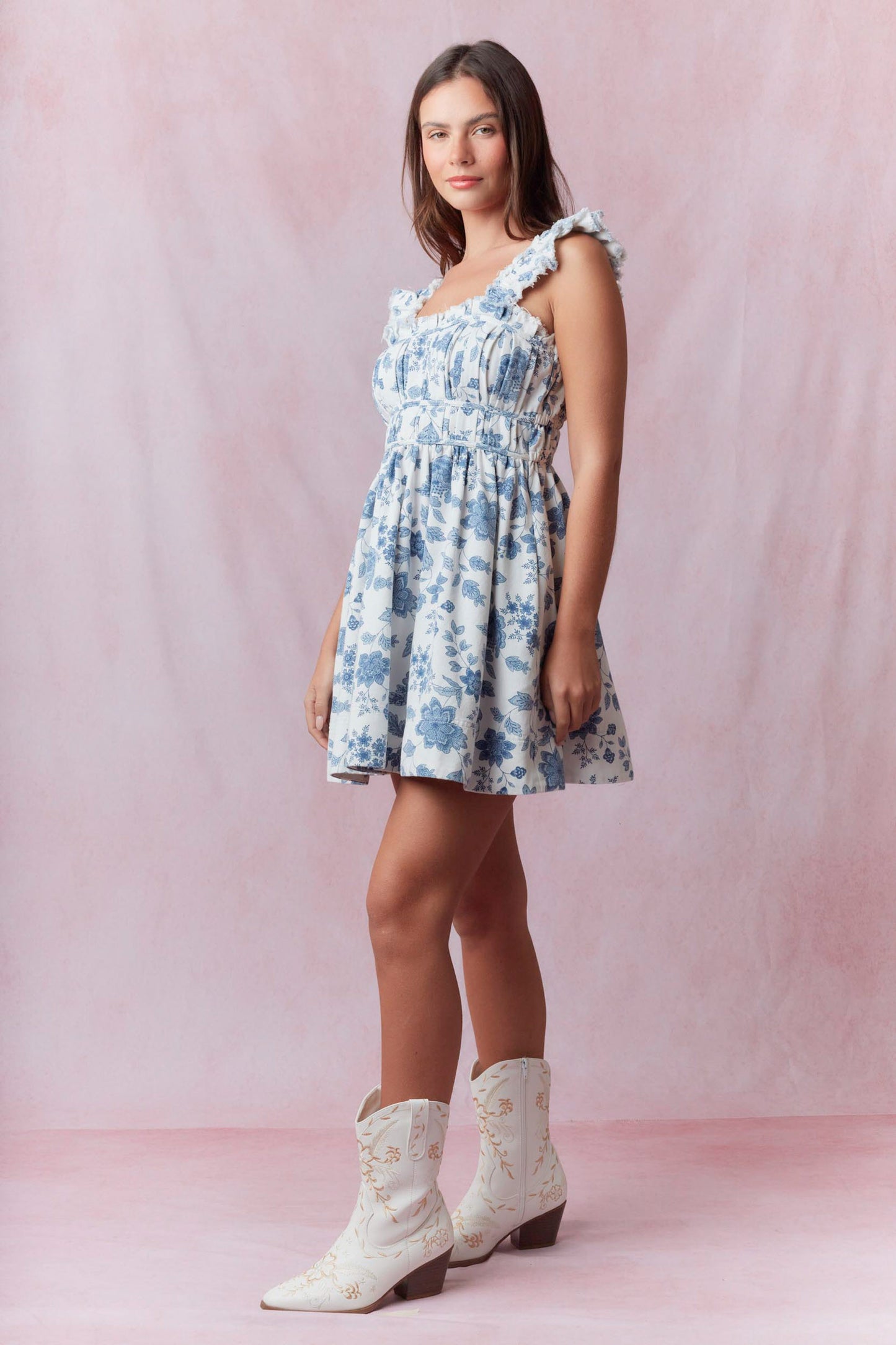 Cousins Beach Rose Print Denim Dress