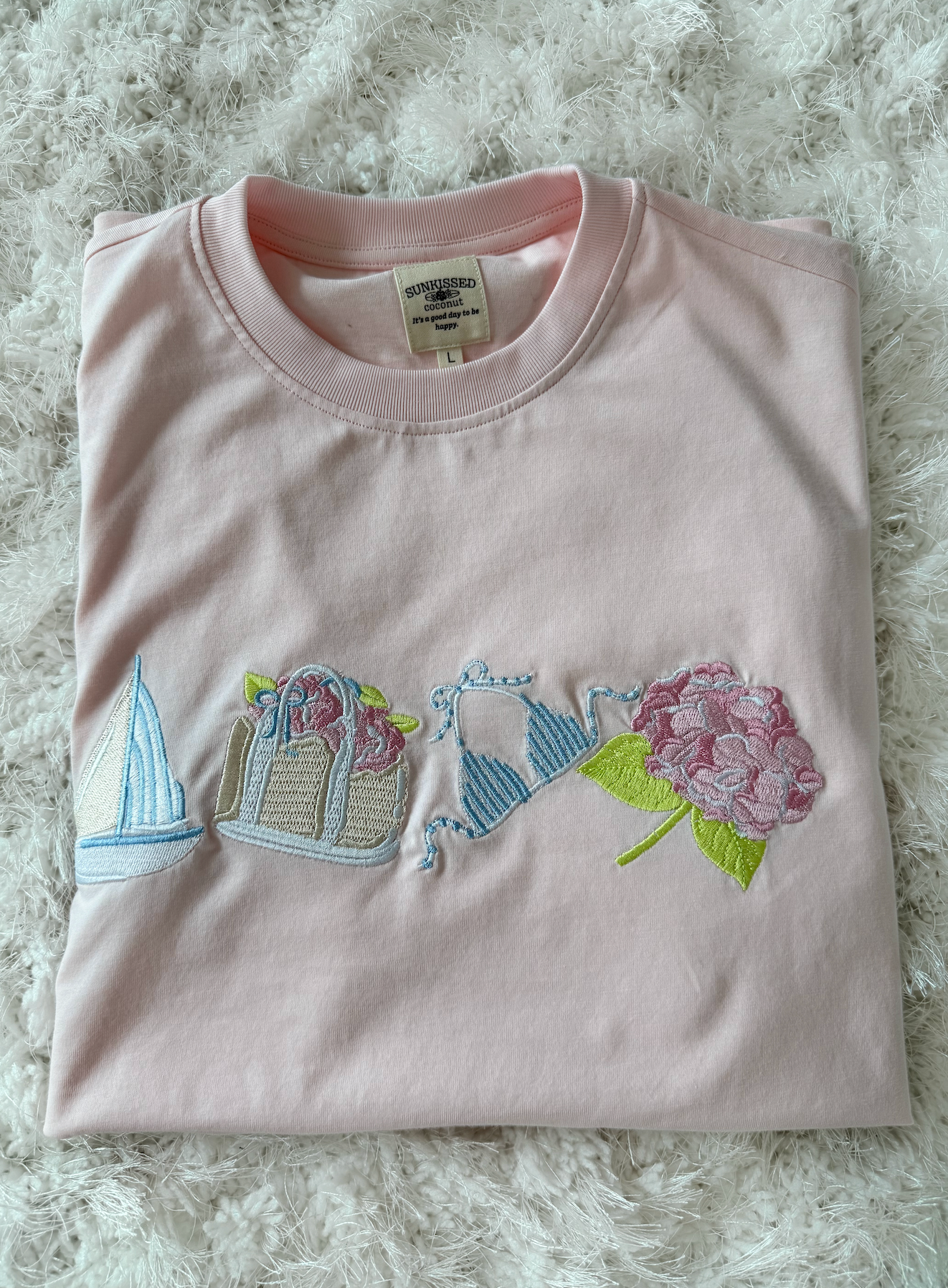 Midweight Pale Pink Old Harbor Garden Embroider Tee: Pale Pink