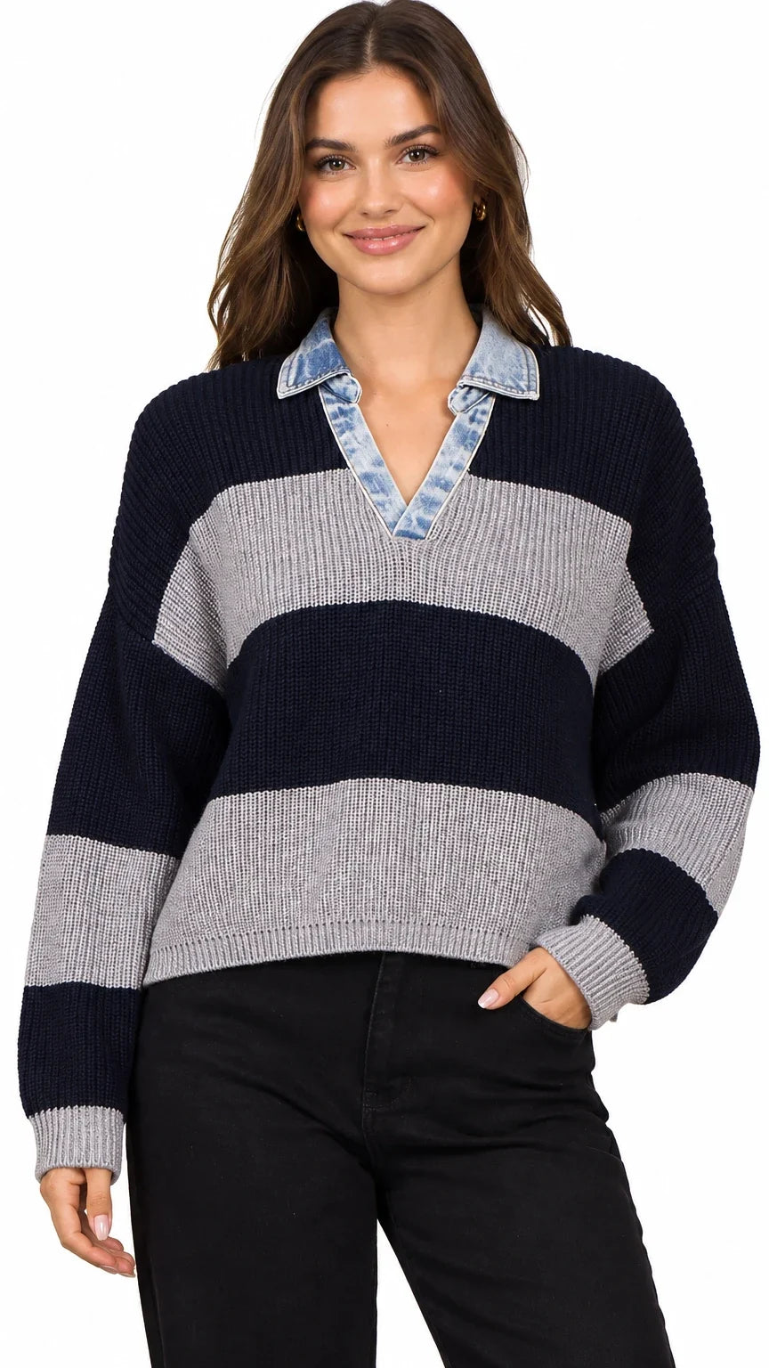 Varsity Stripe Henley with Denim Sweater