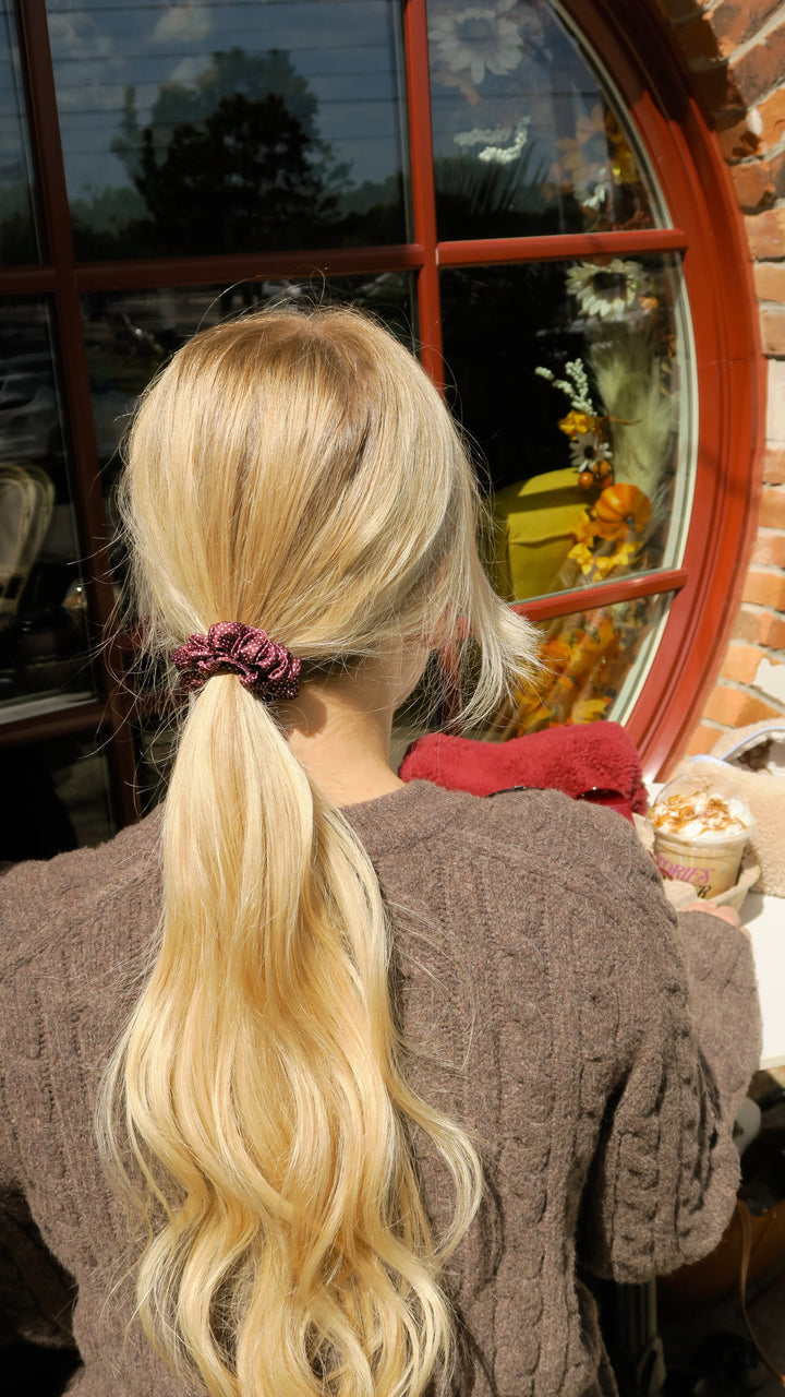 Burgundy Polka Dot Skinny Silk Scrunchie