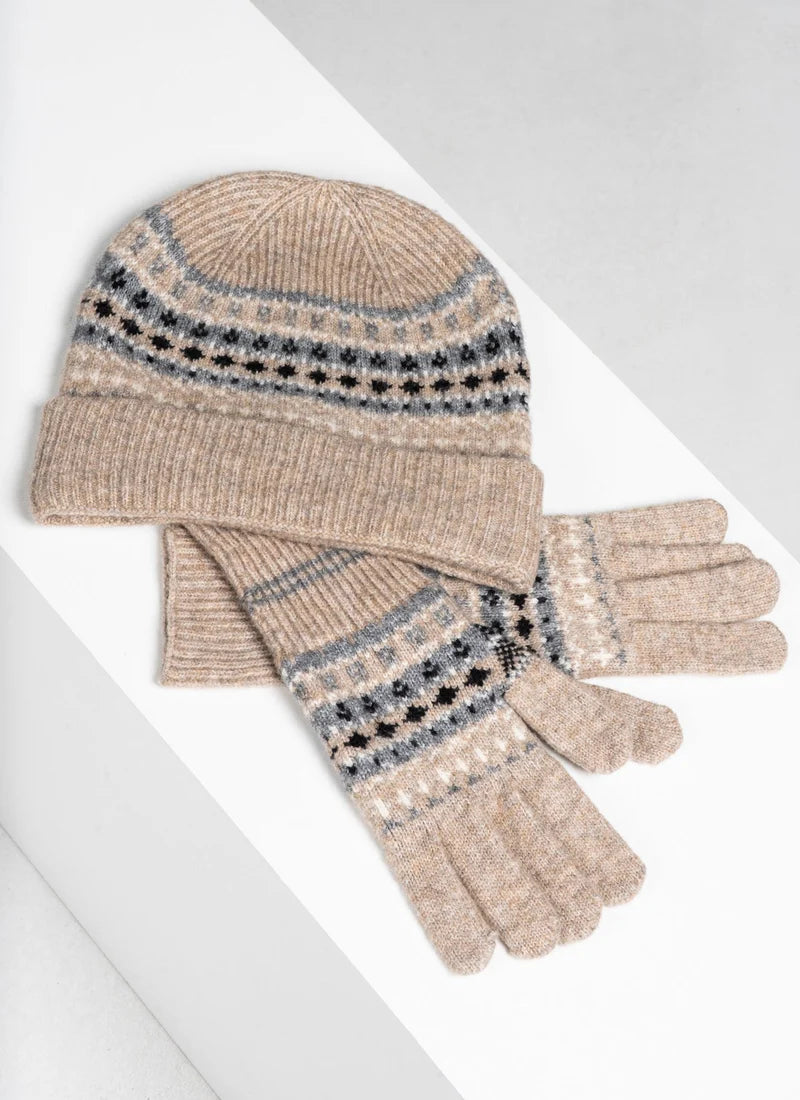 Fair Isle Beanie Glove Set- Brown