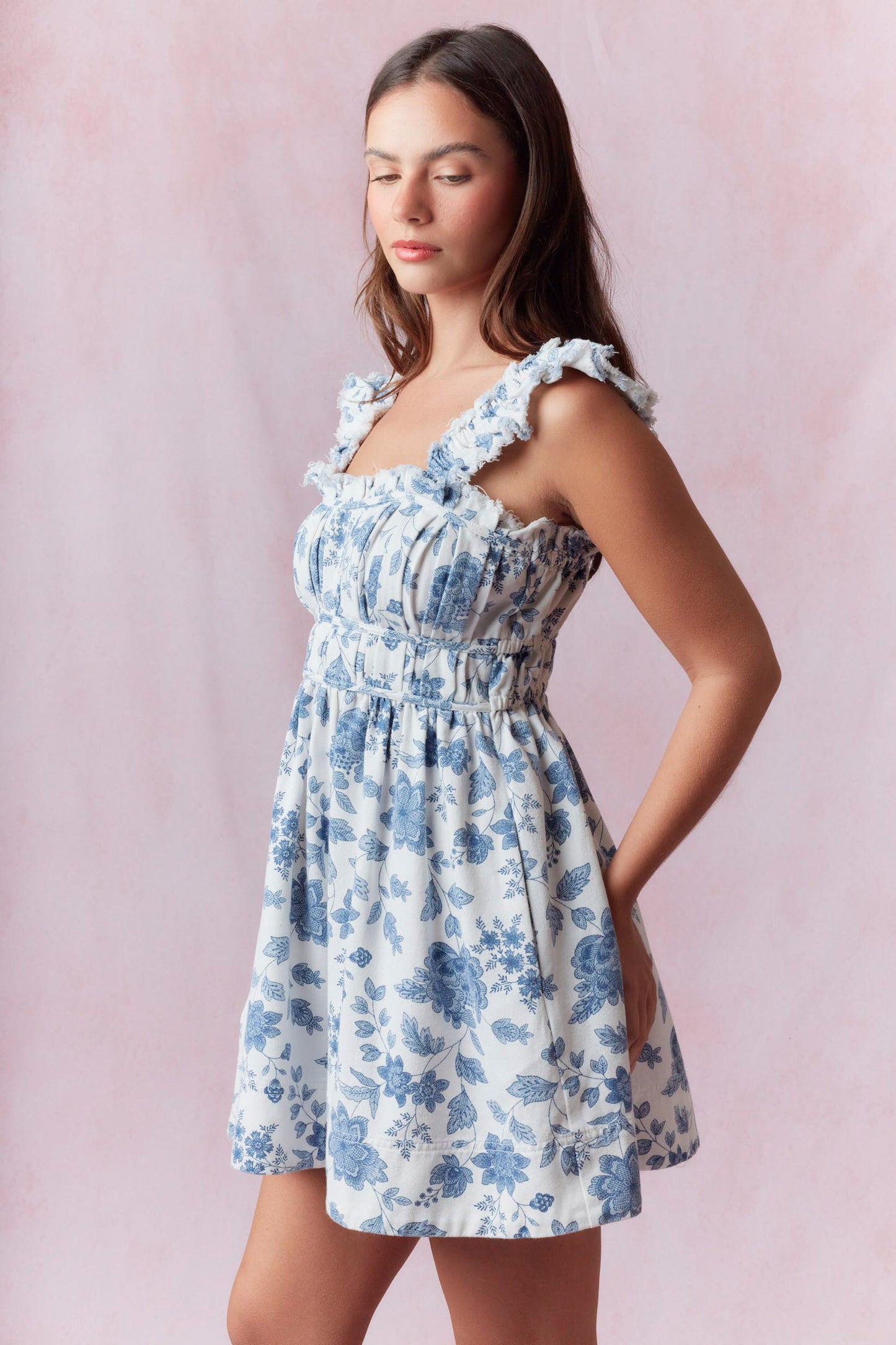 Cousins Beach Rose Print Denim Dress