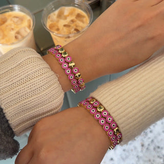 Pink Pave Evil Eye Stacking Bracelet with Gold Spacers