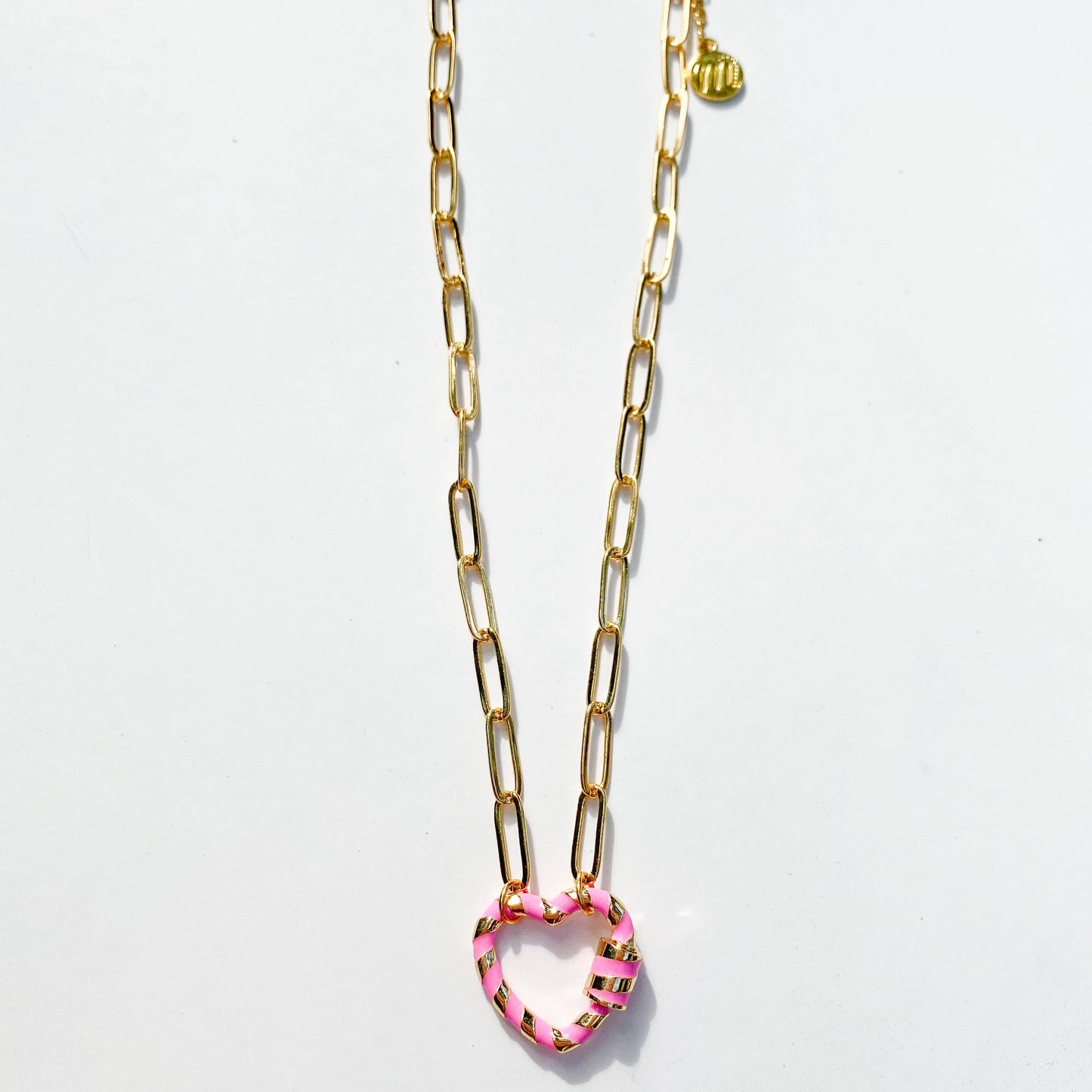 Heartbreaker- Pink Striped Heart Carabiner Clasp Necklace
