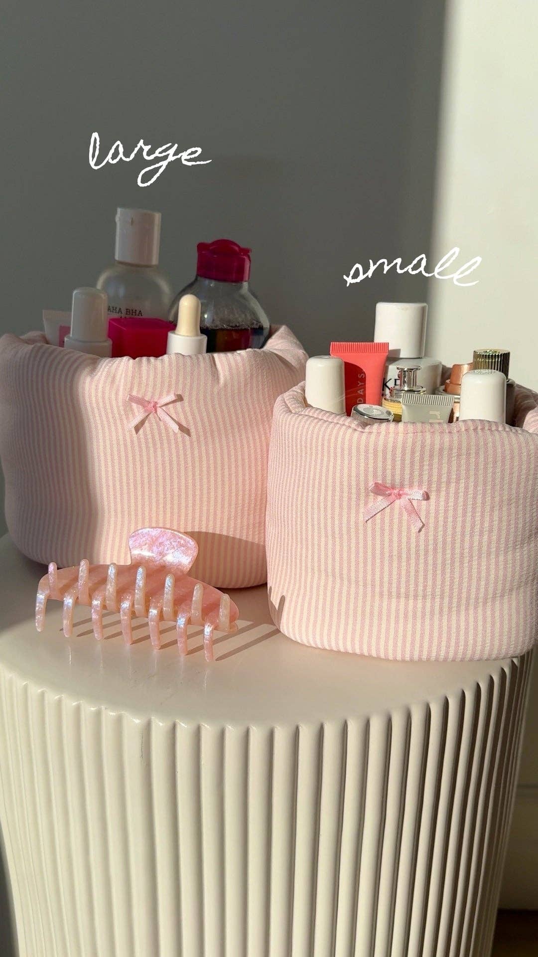 LARGE PUFF BUCKET ORGANIZER - PINK STRIPES
