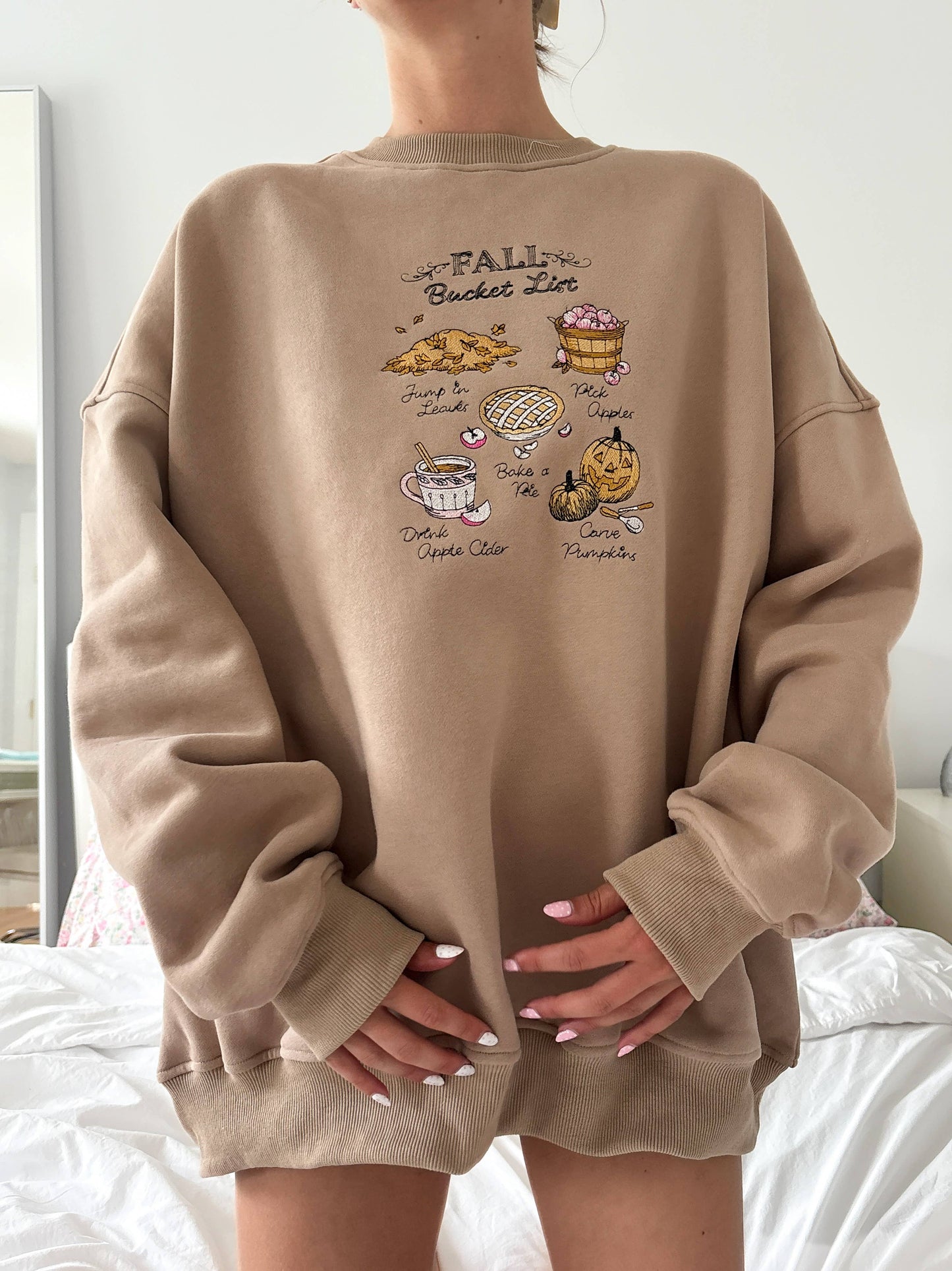 Mocha Autumn Fall Bucket List Embroidered Sweatshirt