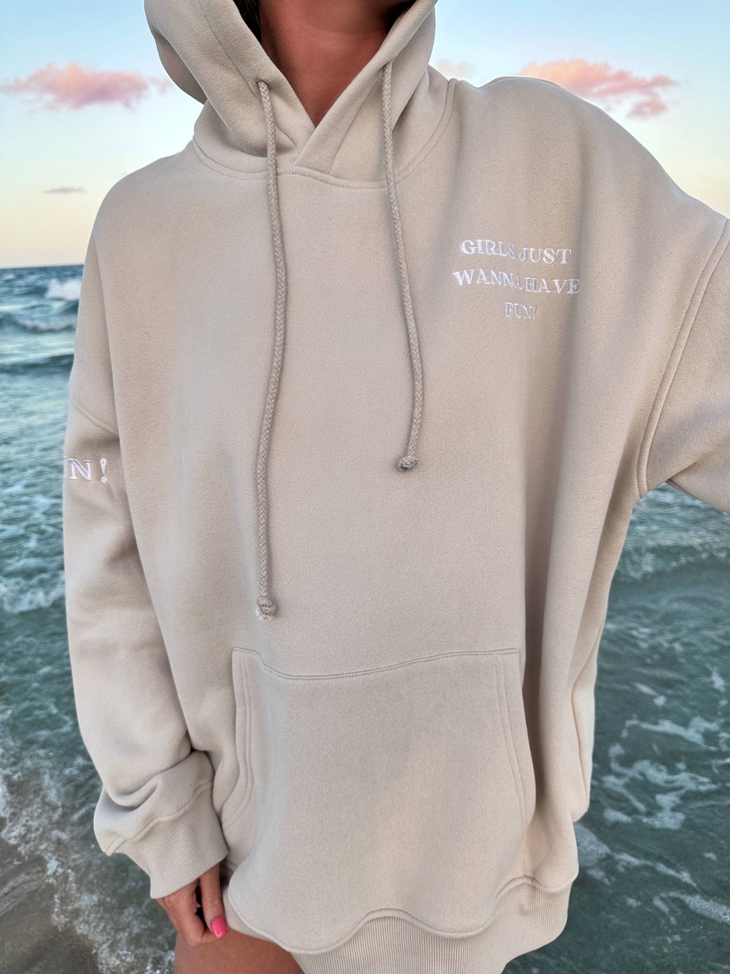 Girls Just Wanna Have Fun Embroider Hoodie: Sandstone