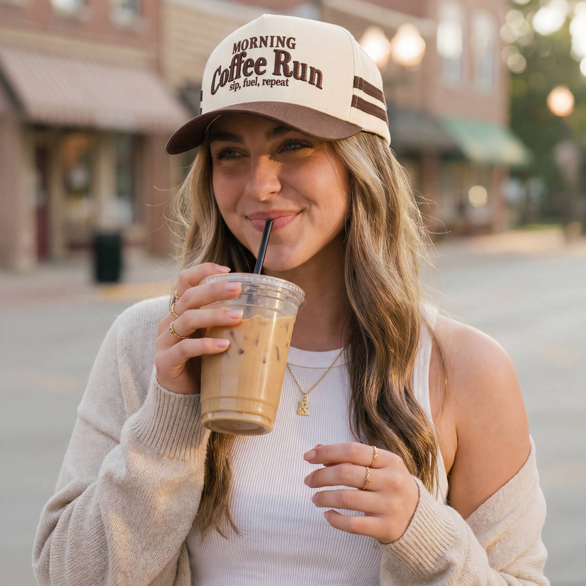 Brown MORNING COFFEE RUN Letter Two Tone Trucker Hat