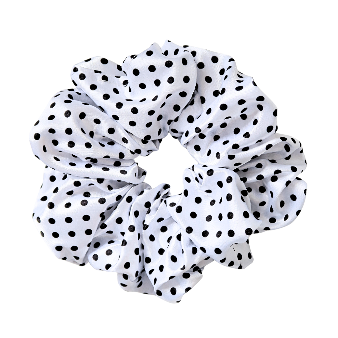 White Polka Dot Printed Silk Scrunchie