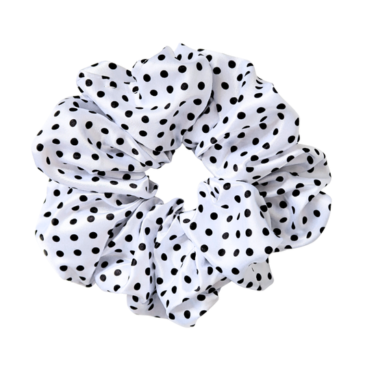White Polka Dot Printed Silk Scrunchie