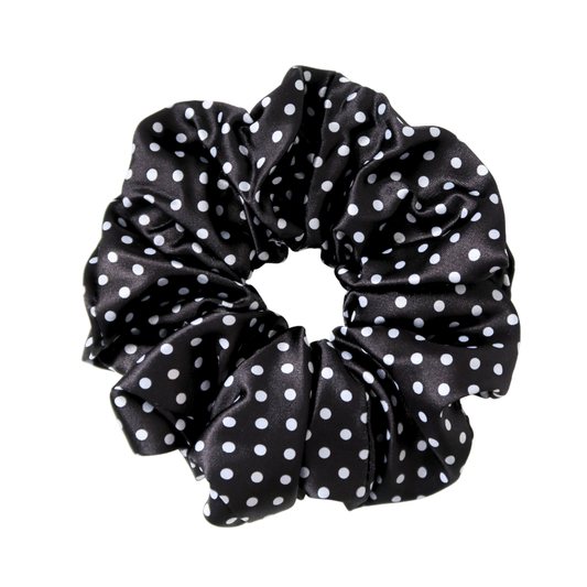 Black Polka Dot Printed Silk Scrunchie