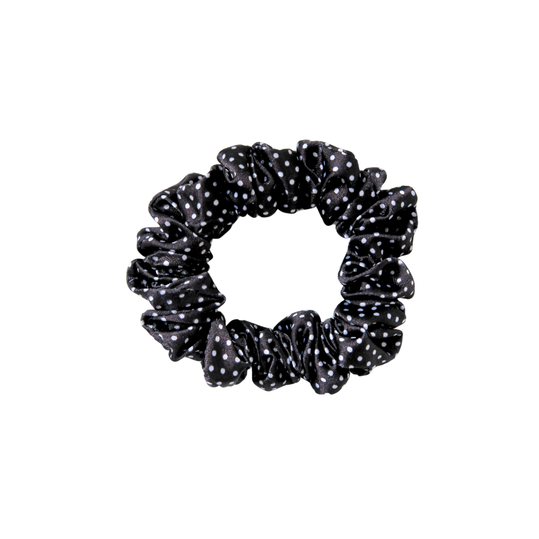 Black Polka Dot Printed Skinny Silk Scrunchie