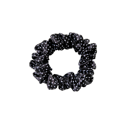 Black Polka Dot Printed Skinny Silk Scrunchie