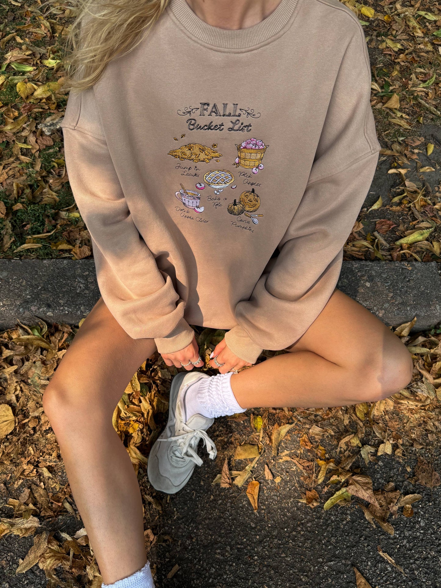 Mocha Autumn Fall Bucket List Embroidered Sweatshirt