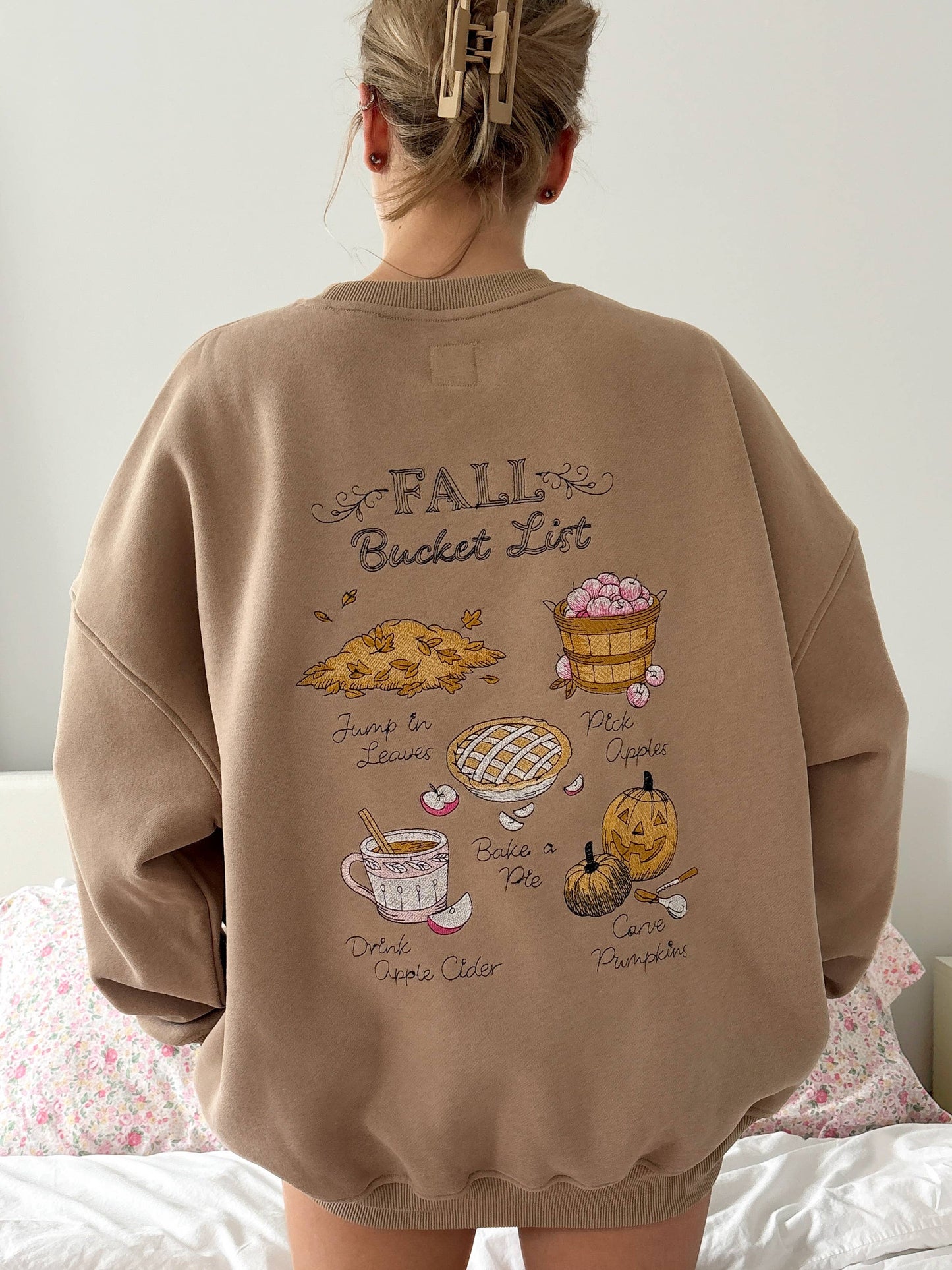 Mocha Autumn Fall Bucket List Embroidered Sweatshirt