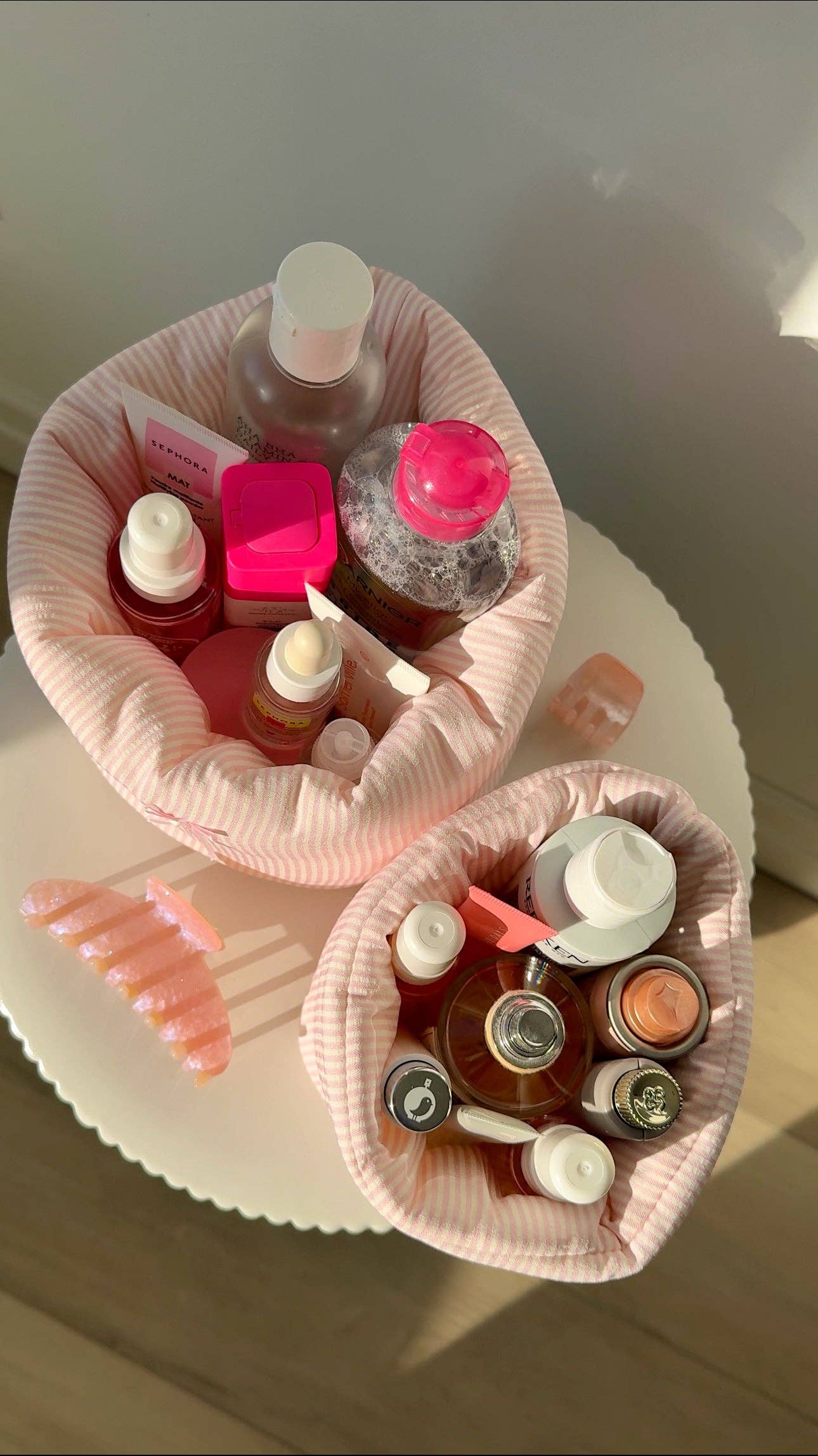 LARGE PUFF BUCKET ORGANIZER - PINK STRIPES