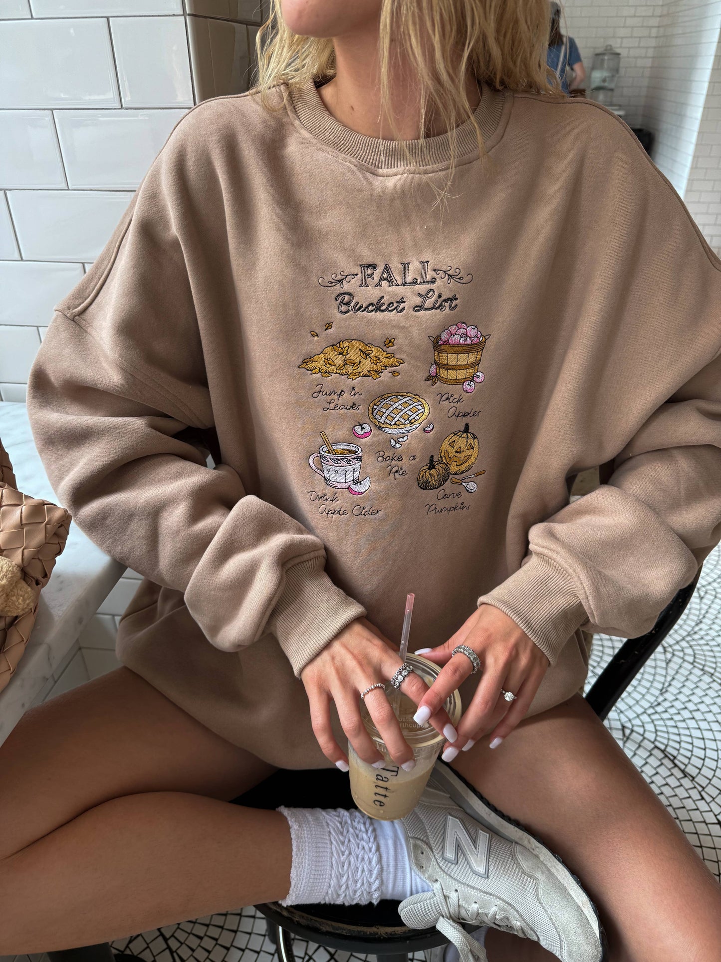Mocha Autumn Fall Bucket List Embroidered Sweatshirt