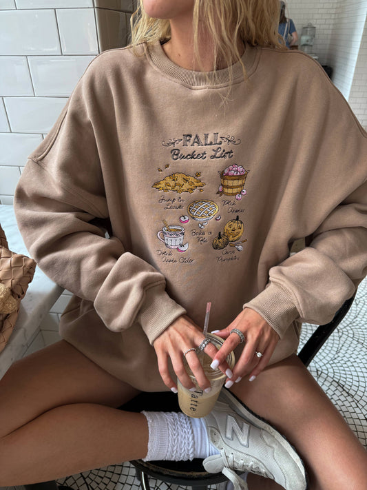Mocha Autumn Fall Bucket List Embroidered Sweatshirt
