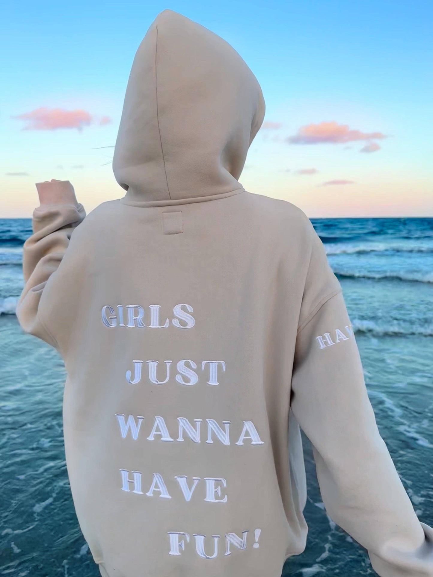 Girls Just Wanna Have Fun Embroider Hoodie: Sandstone