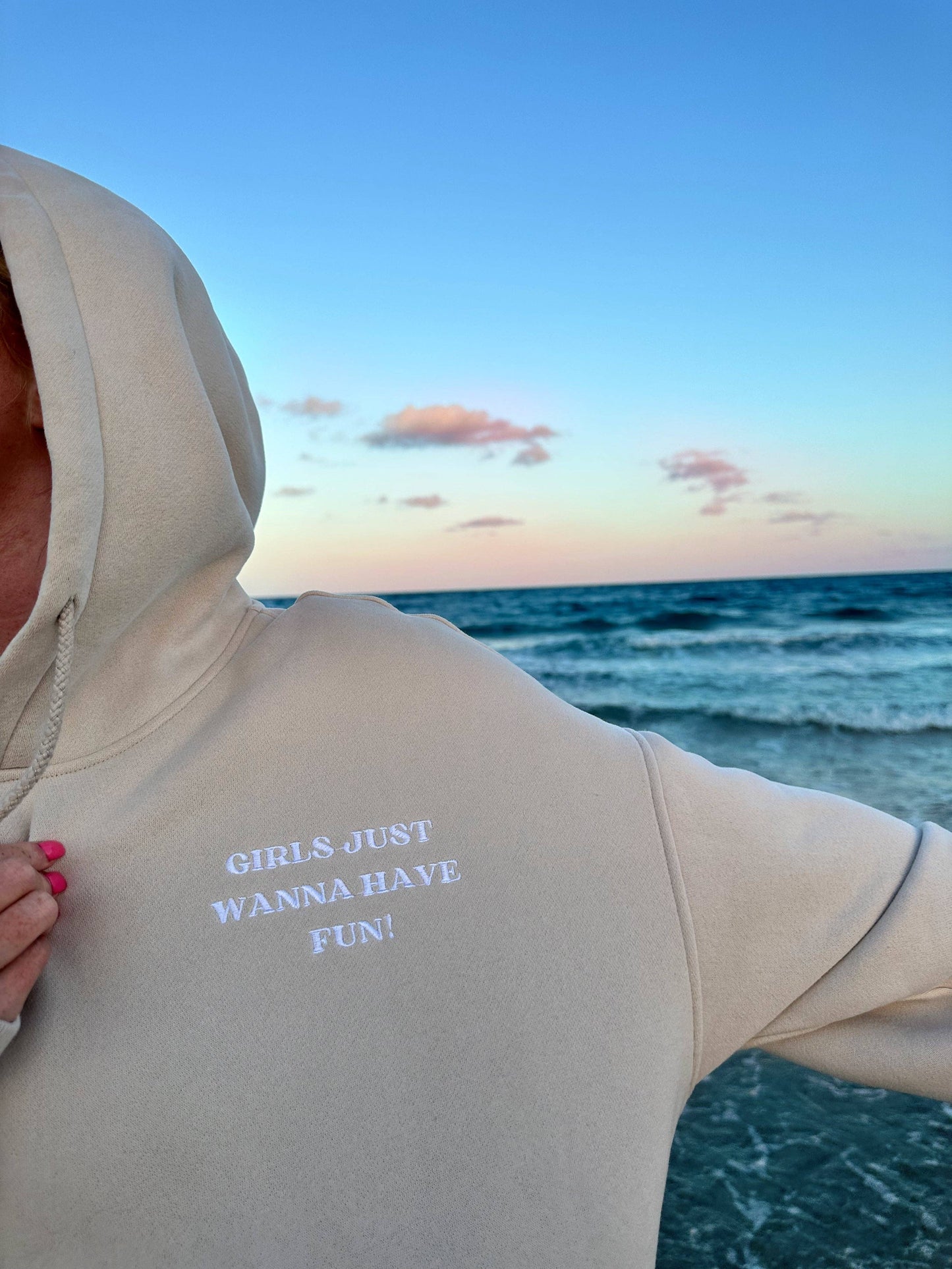 Girls Just Wanna Have Fun Embroider Hoodie: Sandstone