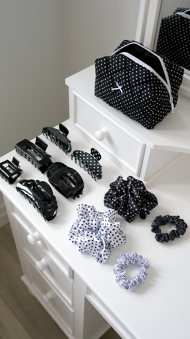 White Polka Dot Printed Silk Scrunchie
