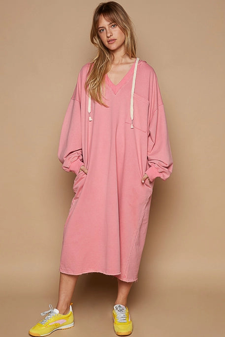 Vintage Washed V- Neck Long Sweatshirt Dress