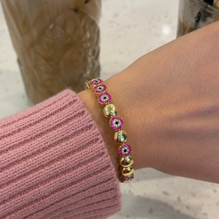Pink Pave Evil Eye Stacking Bracelet with Gold Spacers