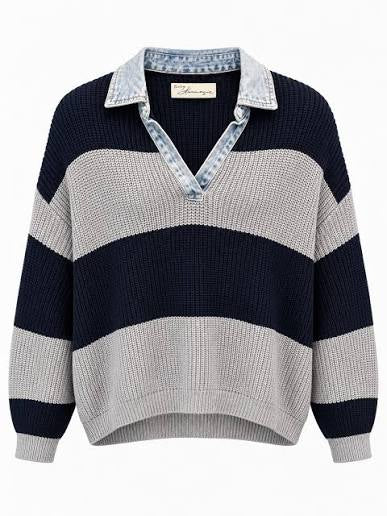 Varsity Stripe Henley with Denim Sweater