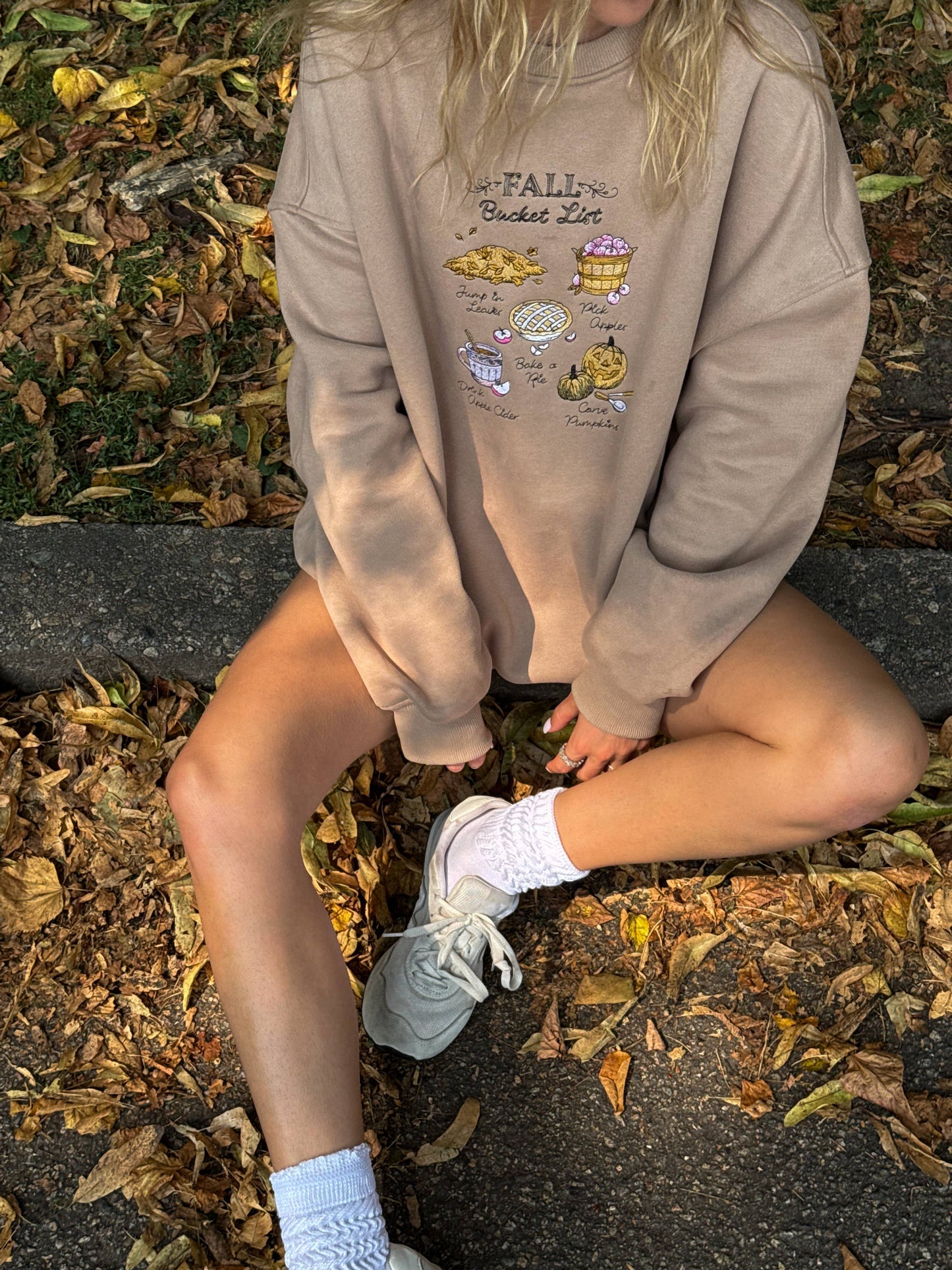 Mocha Autumn Fall Bucket List Embroidered Sweatshirt