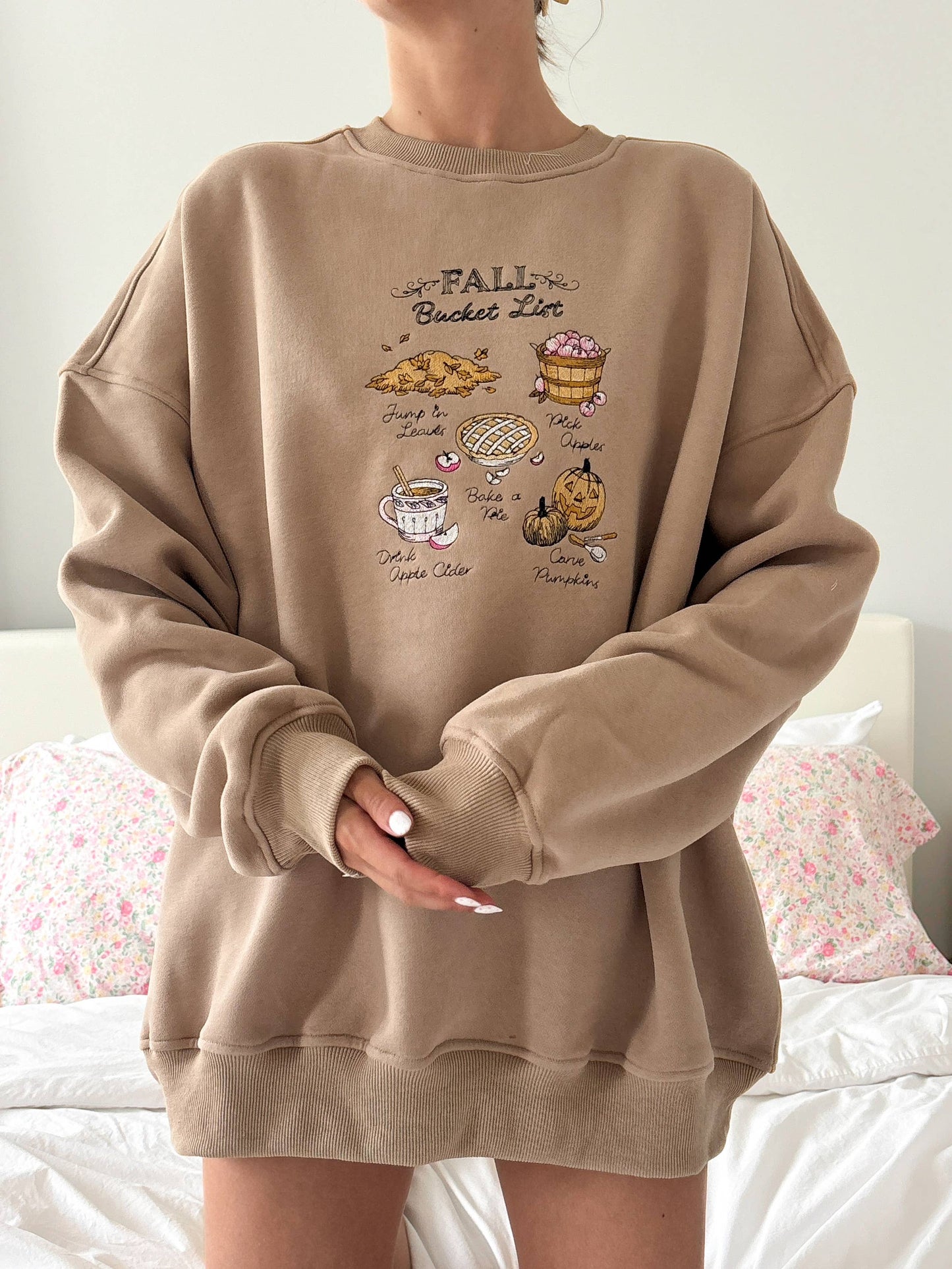 Mocha Autumn Fall Bucket List Embroidered Sweatshirt