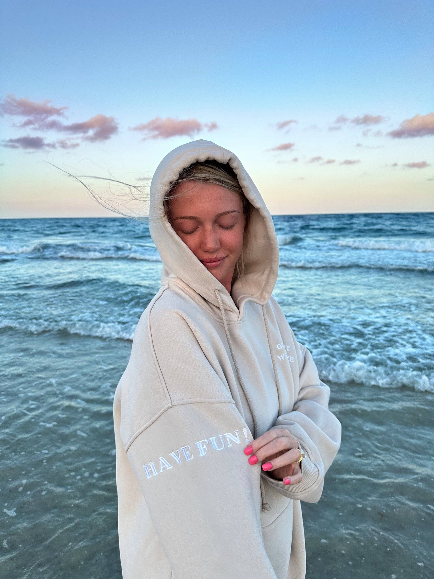 Girls Just Wanna Have Fun Embroider Hoodie: Sandstone