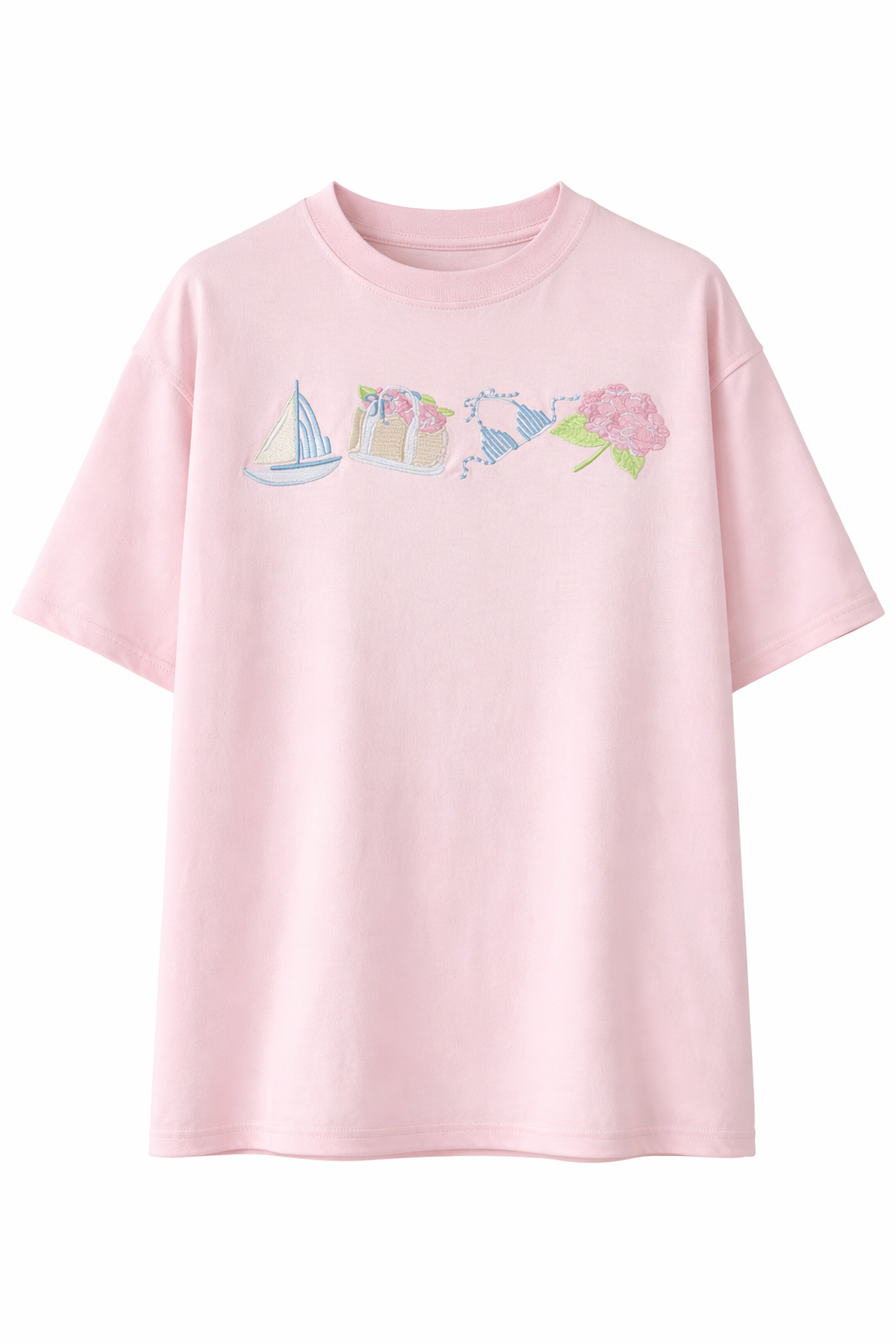 Midweight Pale Pink Old Harbor Garden Embroider Tee: Pale Pink