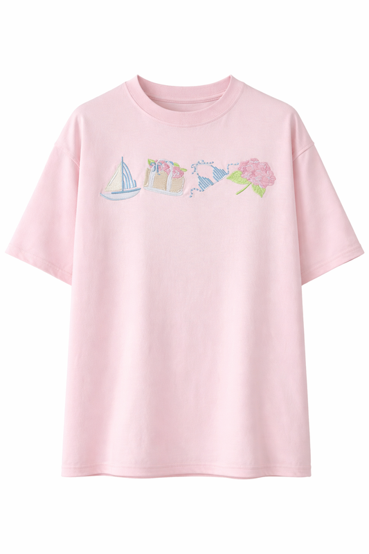 Midweight Pale Pink Old Harbor Garden Embroider Tee: Pale Pink