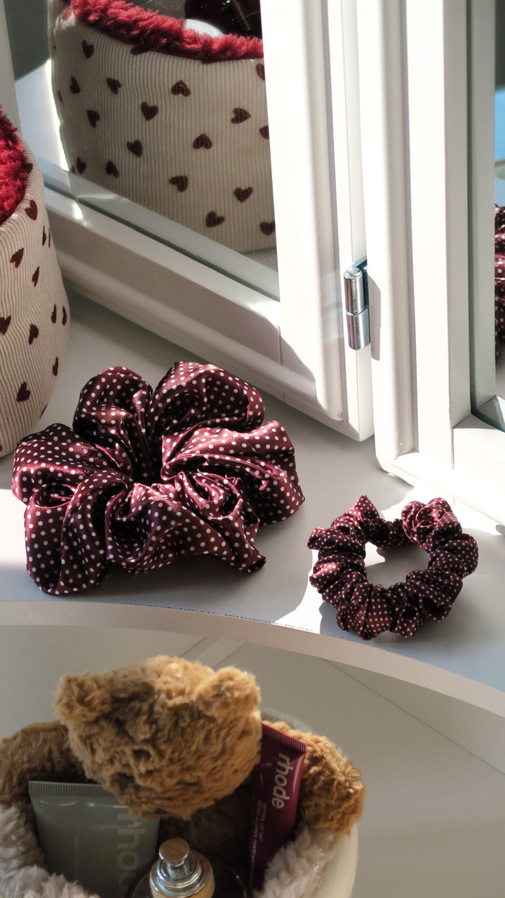 Burgundy Polka Dot- Mulberry Silk Scrunchie