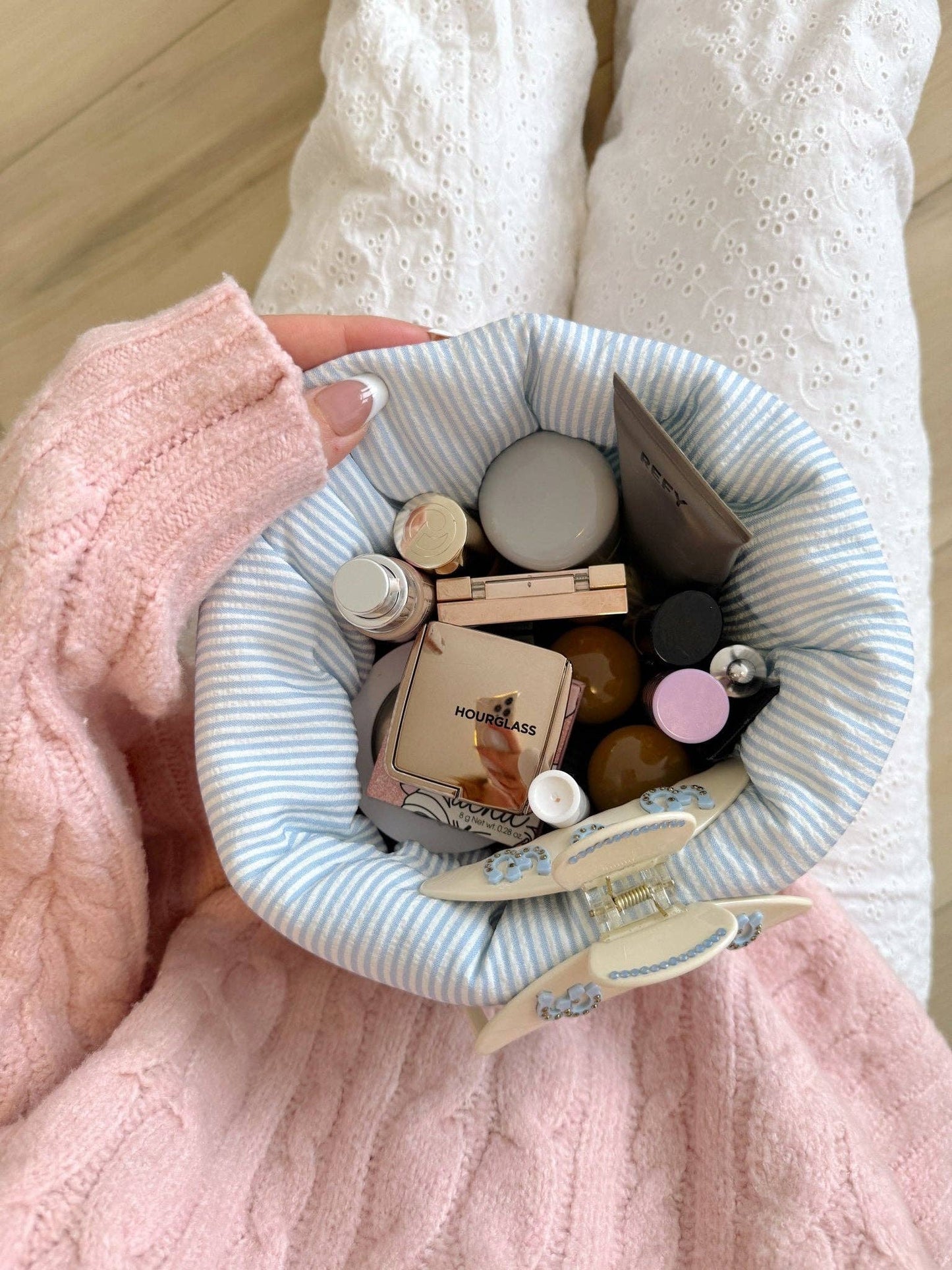LARGE PUFF BUCKET ORGANIZER - BLUE STRIPES