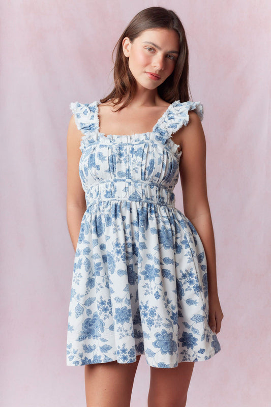 Cousins Beach Rose Print Denim Dress