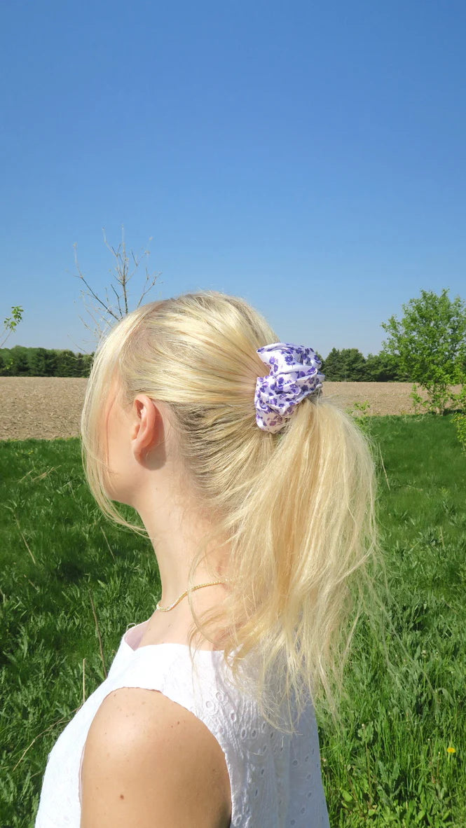 Lavender Bloom Printed Silk Scrunchie