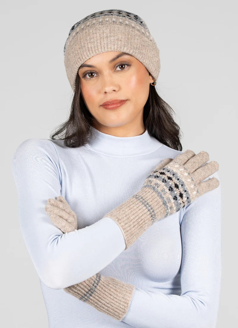 Fair Isle Beanie Glove Set- Brown