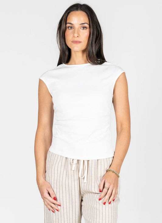 C'est Moi Cotton Spandex Ruched Side T- Shirt White