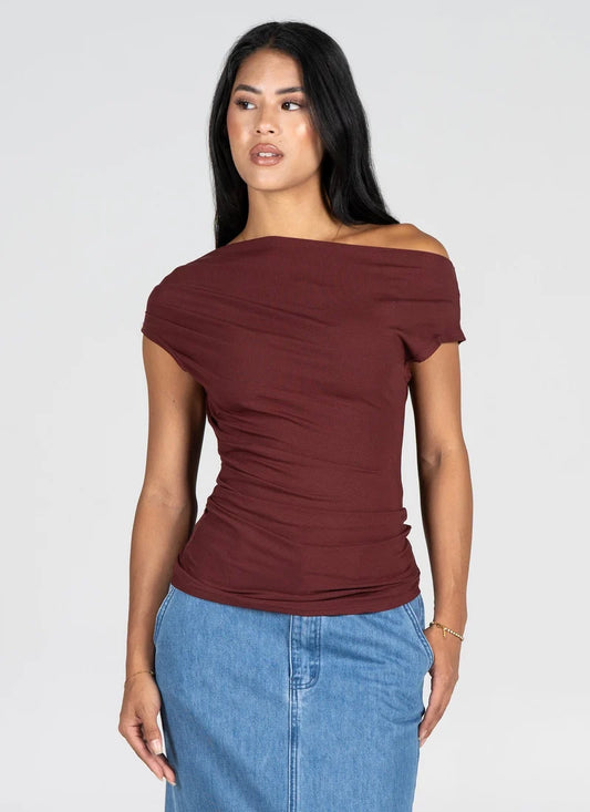 Greta Gathered Neck Top- Merlot