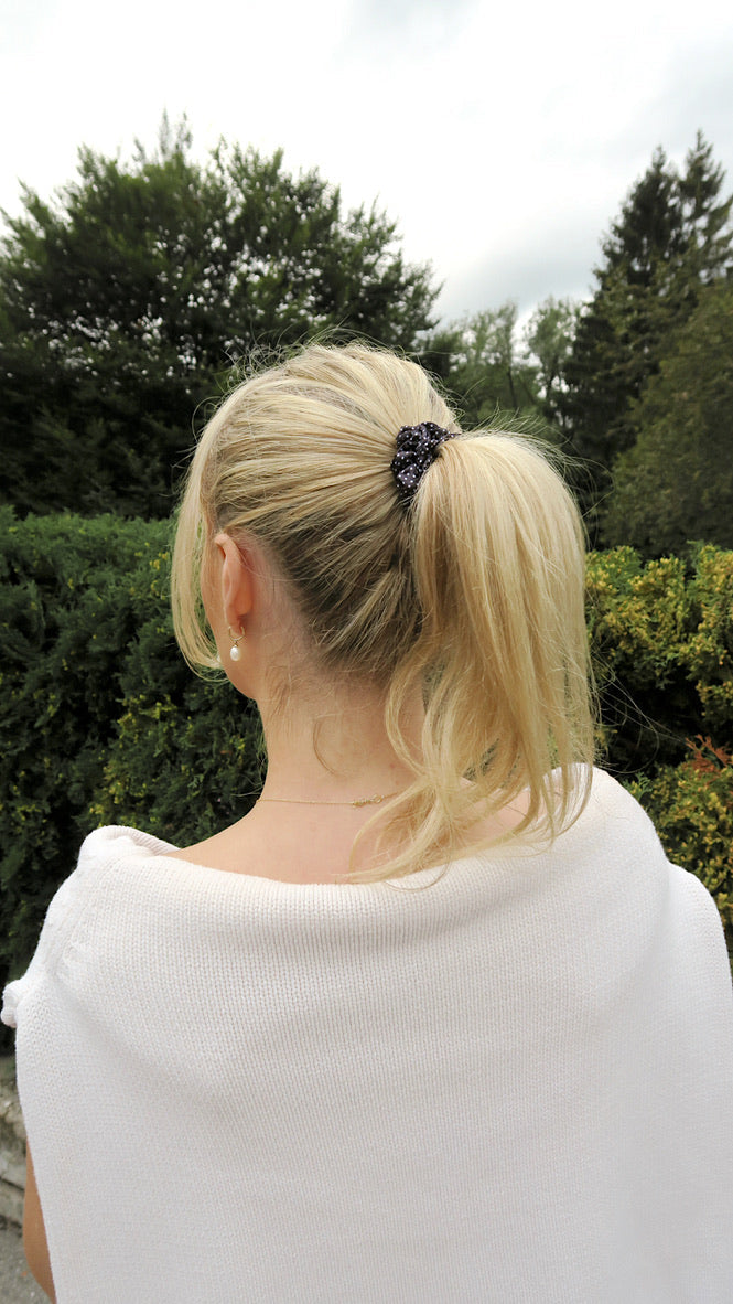 Black Polka Dot Printed Silk Scrunchie