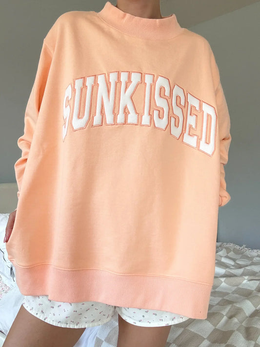 Papaya Orange Varsity Sunkissed  Embroidered Mockneck Sweatshirt