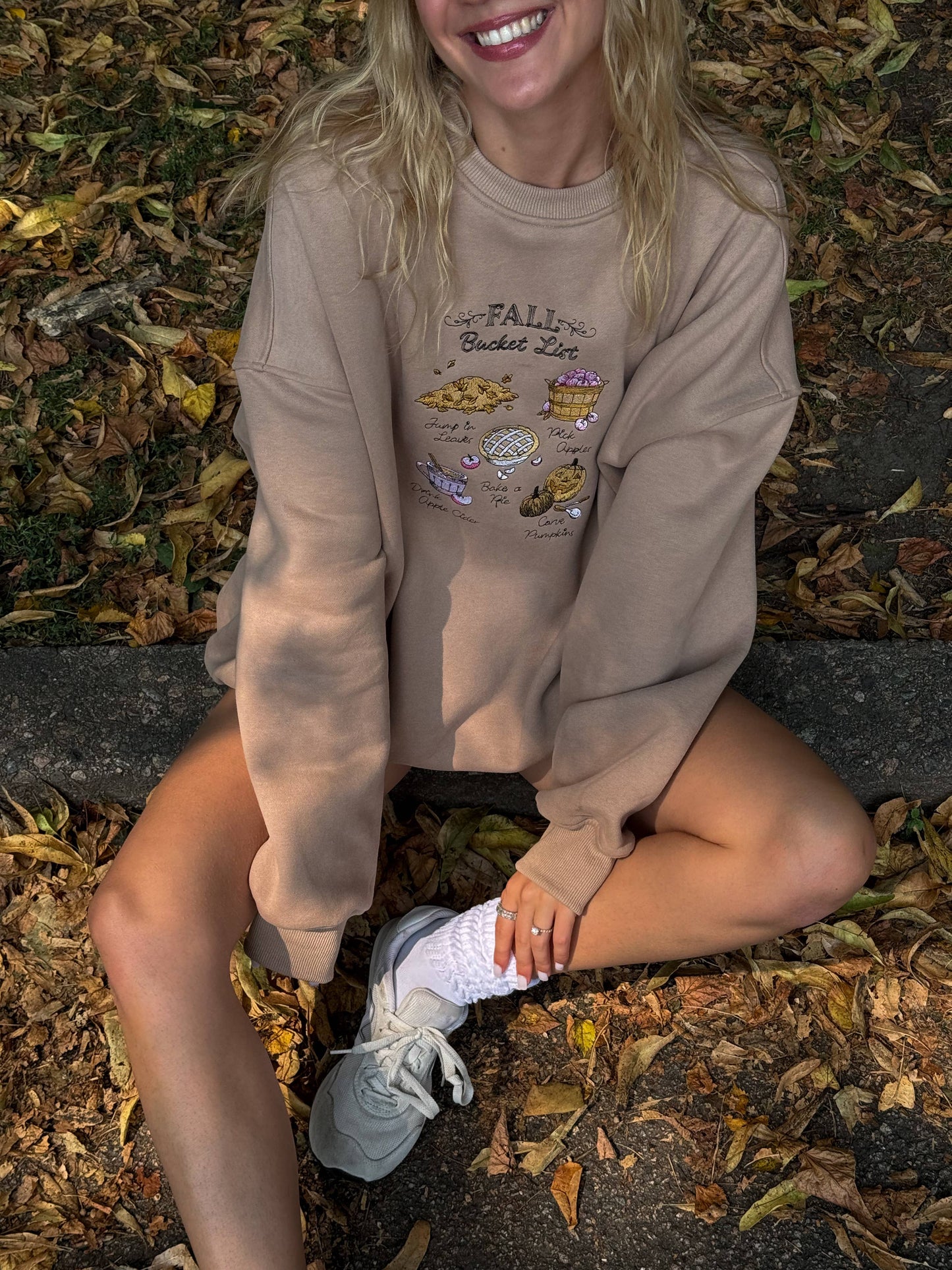 Mocha Autumn Fall Bucket List Embroidered Sweatshirt