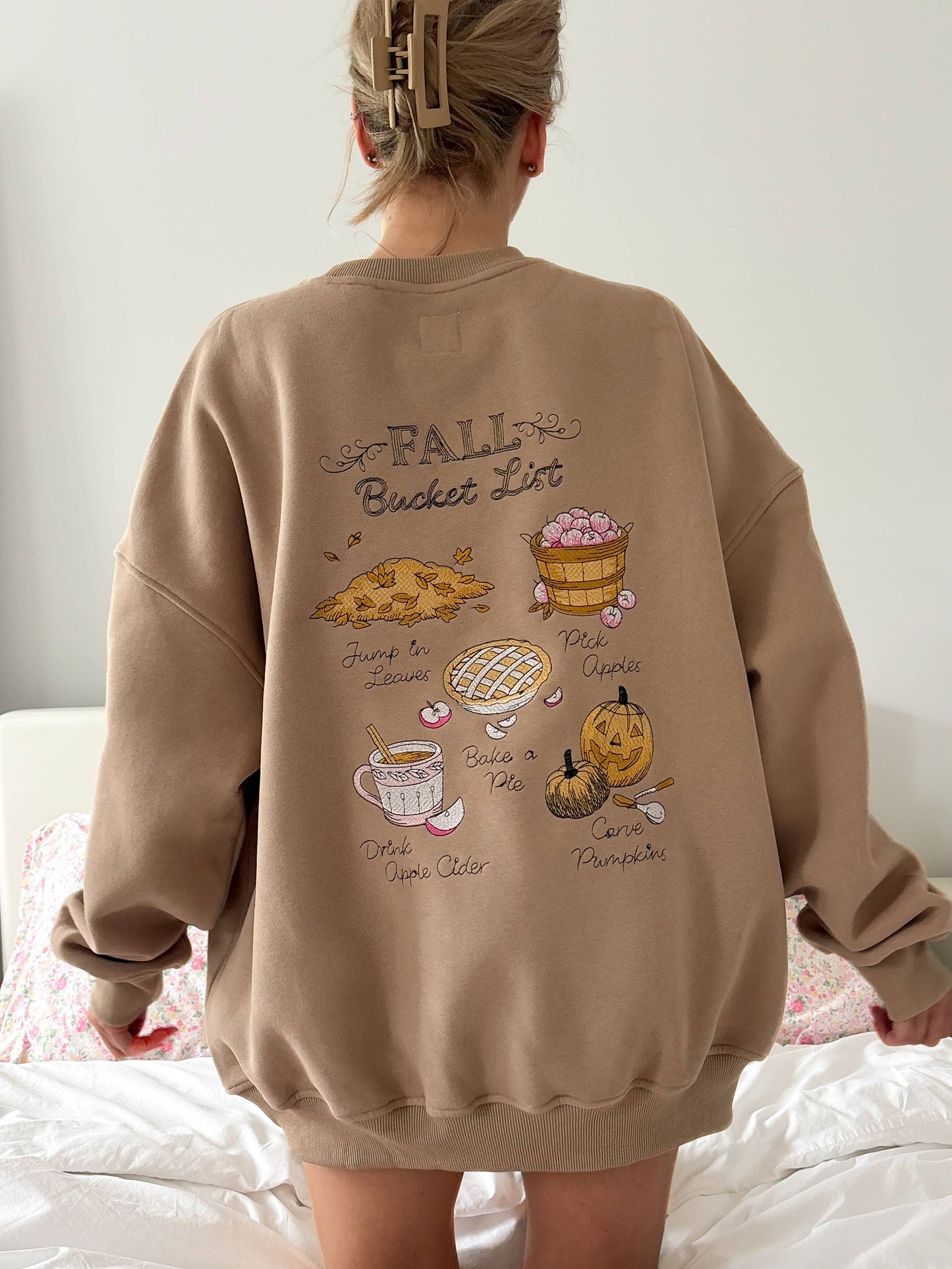Mocha Autumn Fall Bucket List Embroidered Sweatshirt