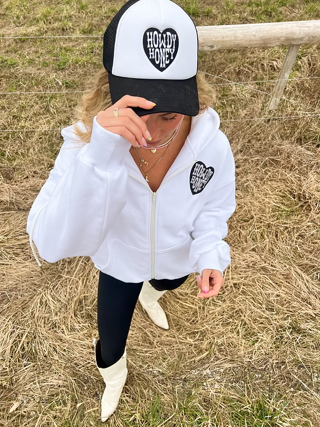 Howdy Honey Zip Up Hoodie- White