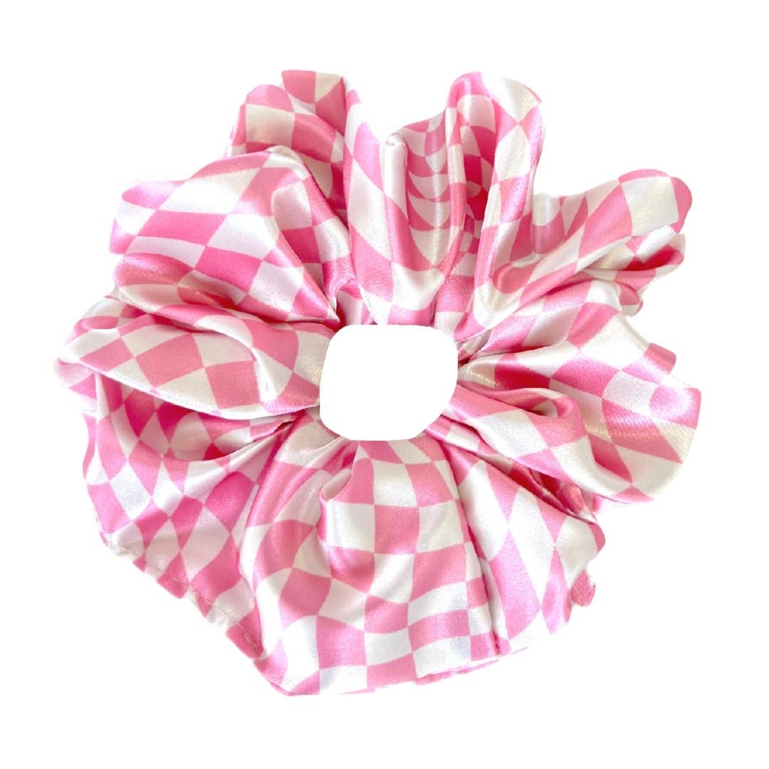 GROOVY PINK CHECKER - Printed Silk Scrunchie