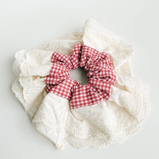 Red Gingham and Eyelet Scrunchie