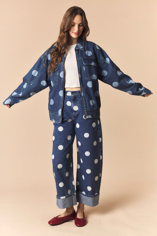 Polka Dot Barrel Leg Cuff Jeans