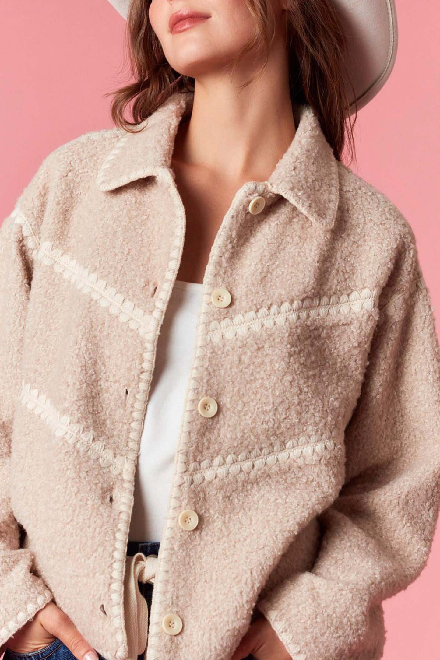 Teddy Sherpa Embroidered Button Up Jacket
